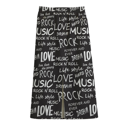 Black And White Rock And Roll Print Cotton Front Slit Maxi Skirt