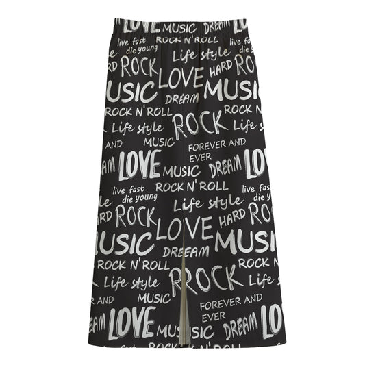 Black And White Rock And Roll Print Cotton Front Slit Maxi Skirt