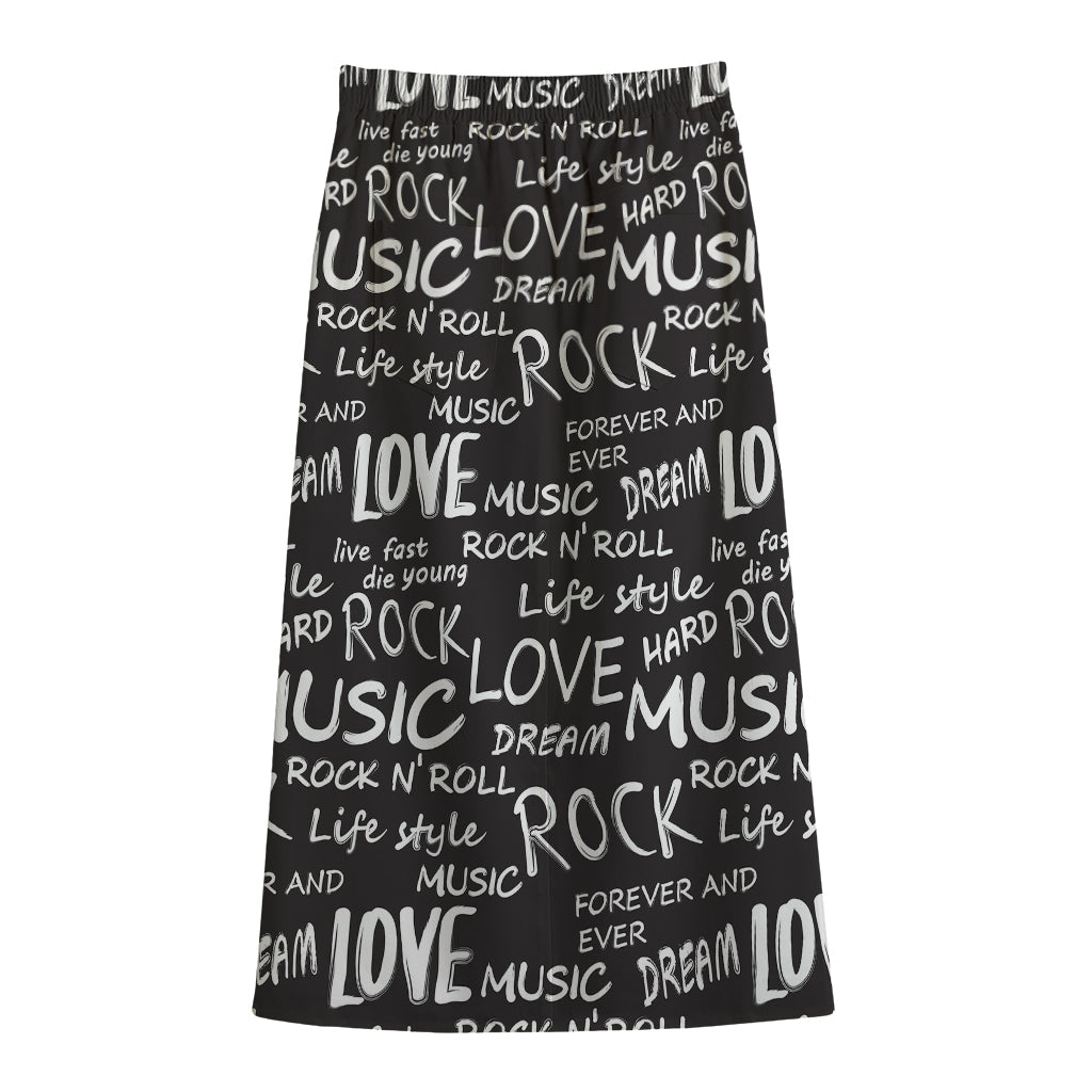 Black And White Rock And Roll Print Cotton Front Slit Maxi Skirt