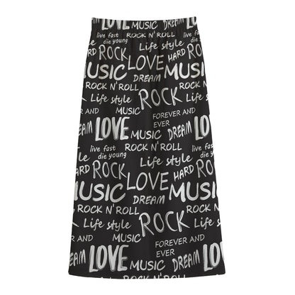 Black And White Rock And Roll Print Cotton Front Slit Maxi Skirt