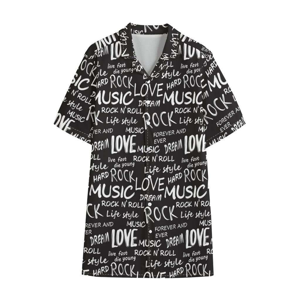 Black And White Rock And Roll Print Cotton Hawaiian Shirt