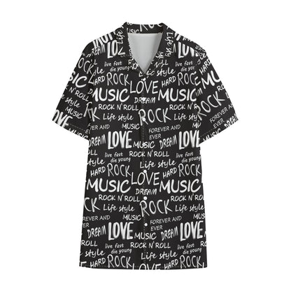 Black And White Rock And Roll Print Cotton Hawaiian Shirt