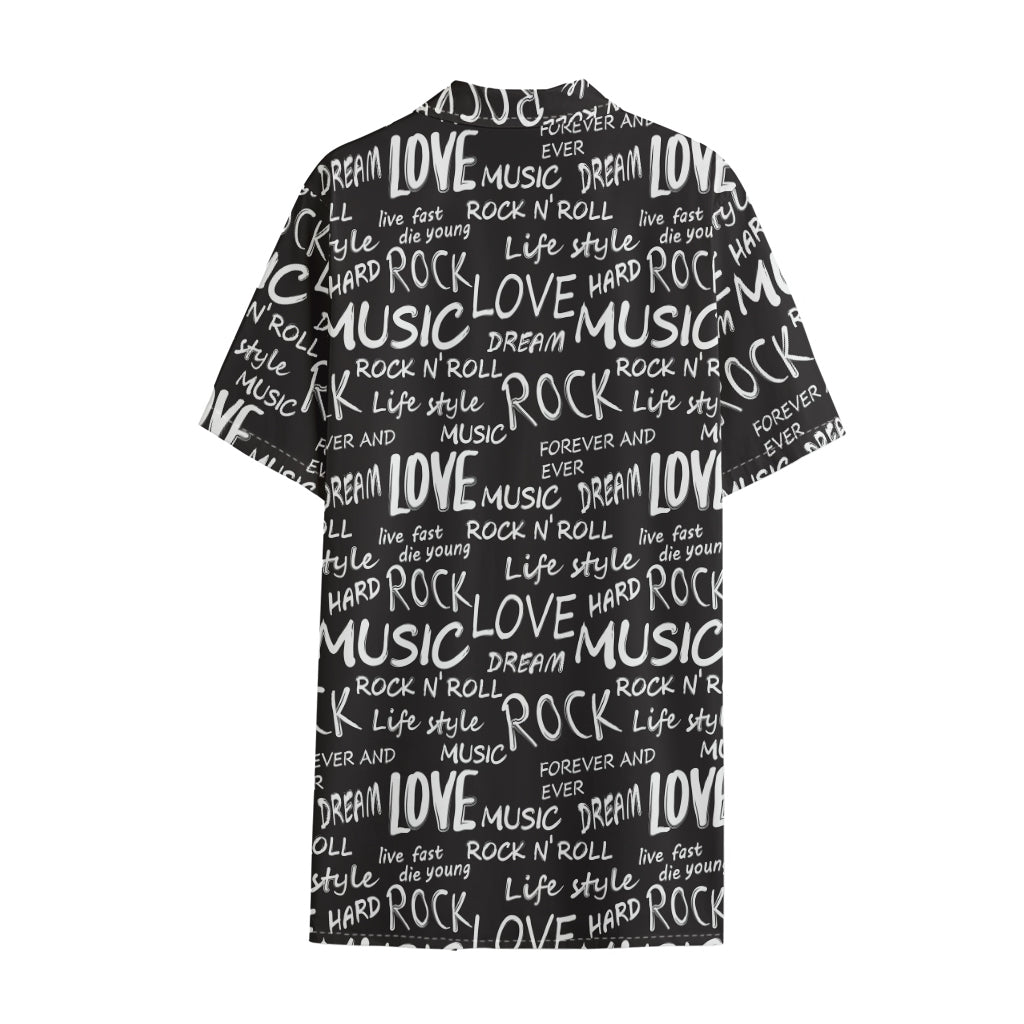 Black And White Rock And Roll Print Cotton Hawaiian Shirt