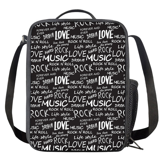 Black And White Rock And Roll Print Crossbody Lunch Bag