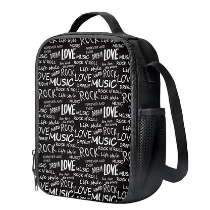 Black And White Rock And Roll Print Crossbody Lunch Bag