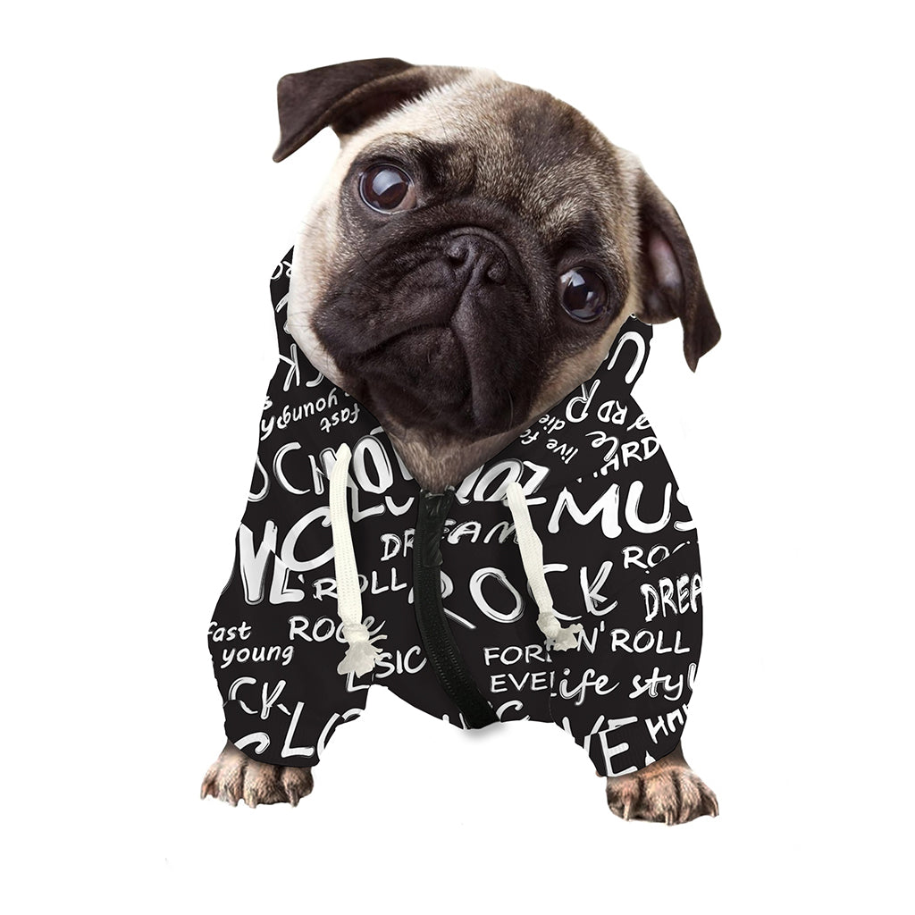 Black And White Rock And Roll Print Dog Zip Up Hoodie