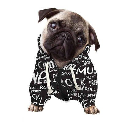 Black And White Rock And Roll Print Dog Zip Up Hoodie