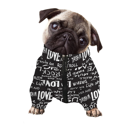 Black And White Rock And Roll Print Dog Zip Up Jacket