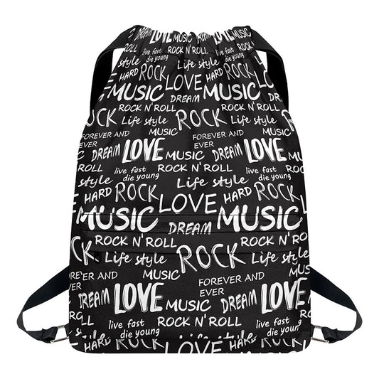 Black And White Rock And Roll Print Drawstring Backpack