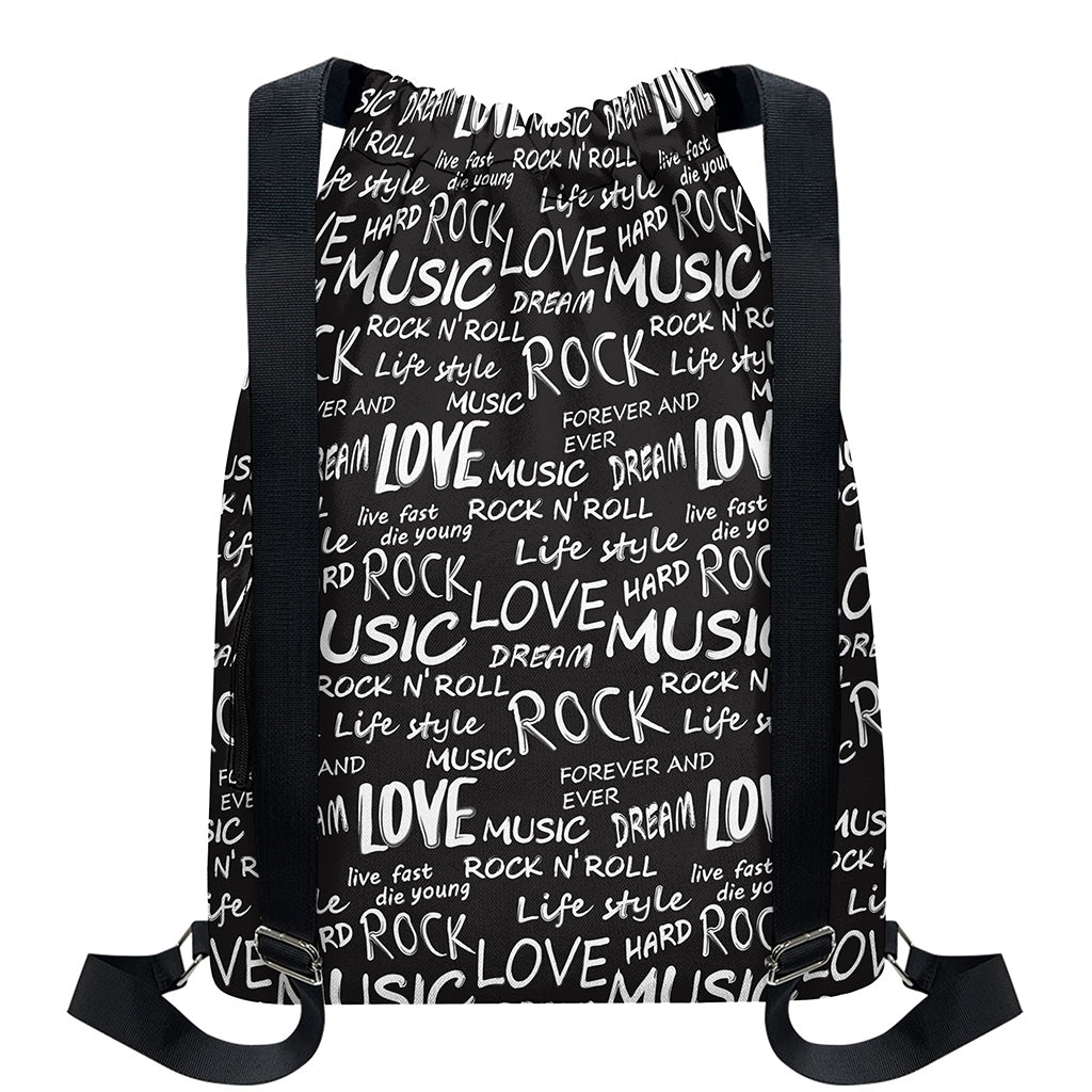 Black And White Rock And Roll Print Drawstring Backpack