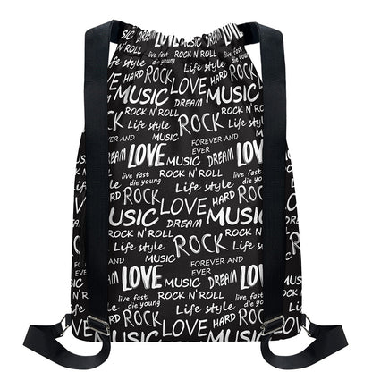 Black And White Rock And Roll Print Drawstring Backpack
