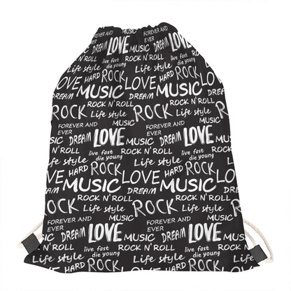 Black And White Rock And Roll Print Drawstring Bag