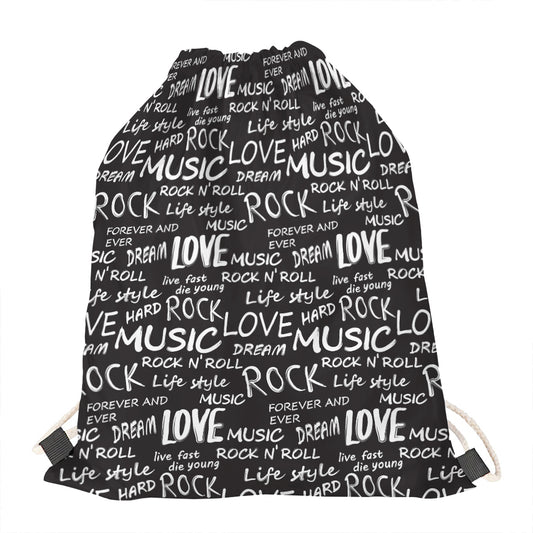 Black And White Rock And Roll Print Drawstring Bag