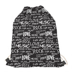 Black And White Rock And Roll Print Drawstring Bag