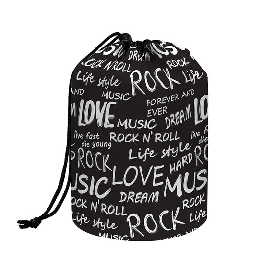 Black And White Rock And Roll Print Drawstring Makeup Bag