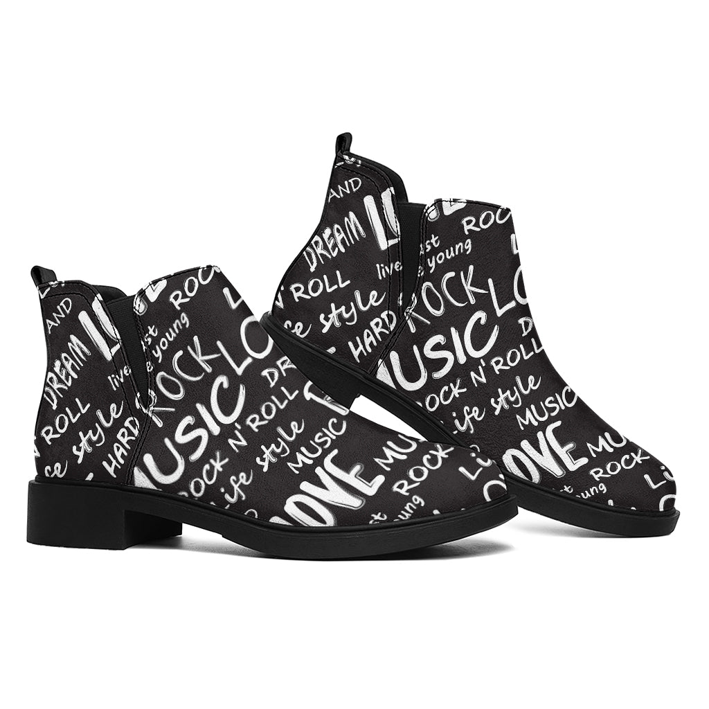 Black And White Rock And Roll Print Flat Ankle Boots