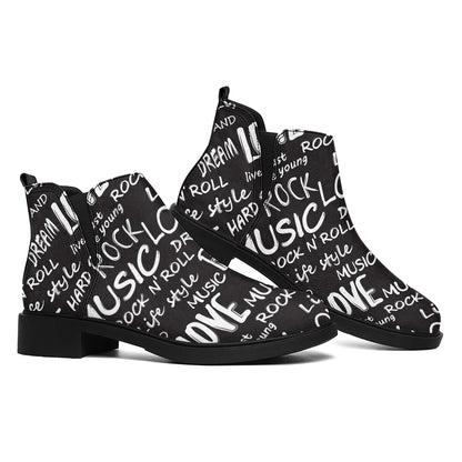 Black And White Rock And Roll Print Flat Ankle Boots