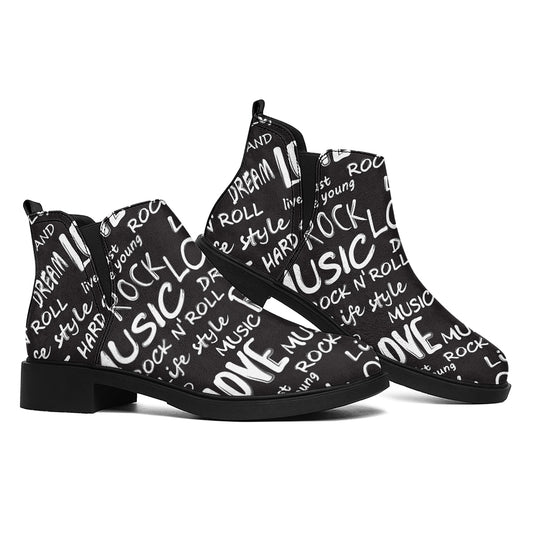 Black And White Rock And Roll Print Flat Ankle Boots
