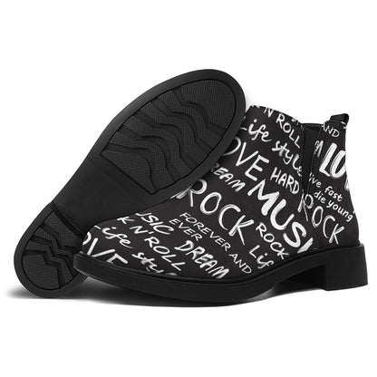 Black And White Rock And Roll Print Flat Ankle Boots