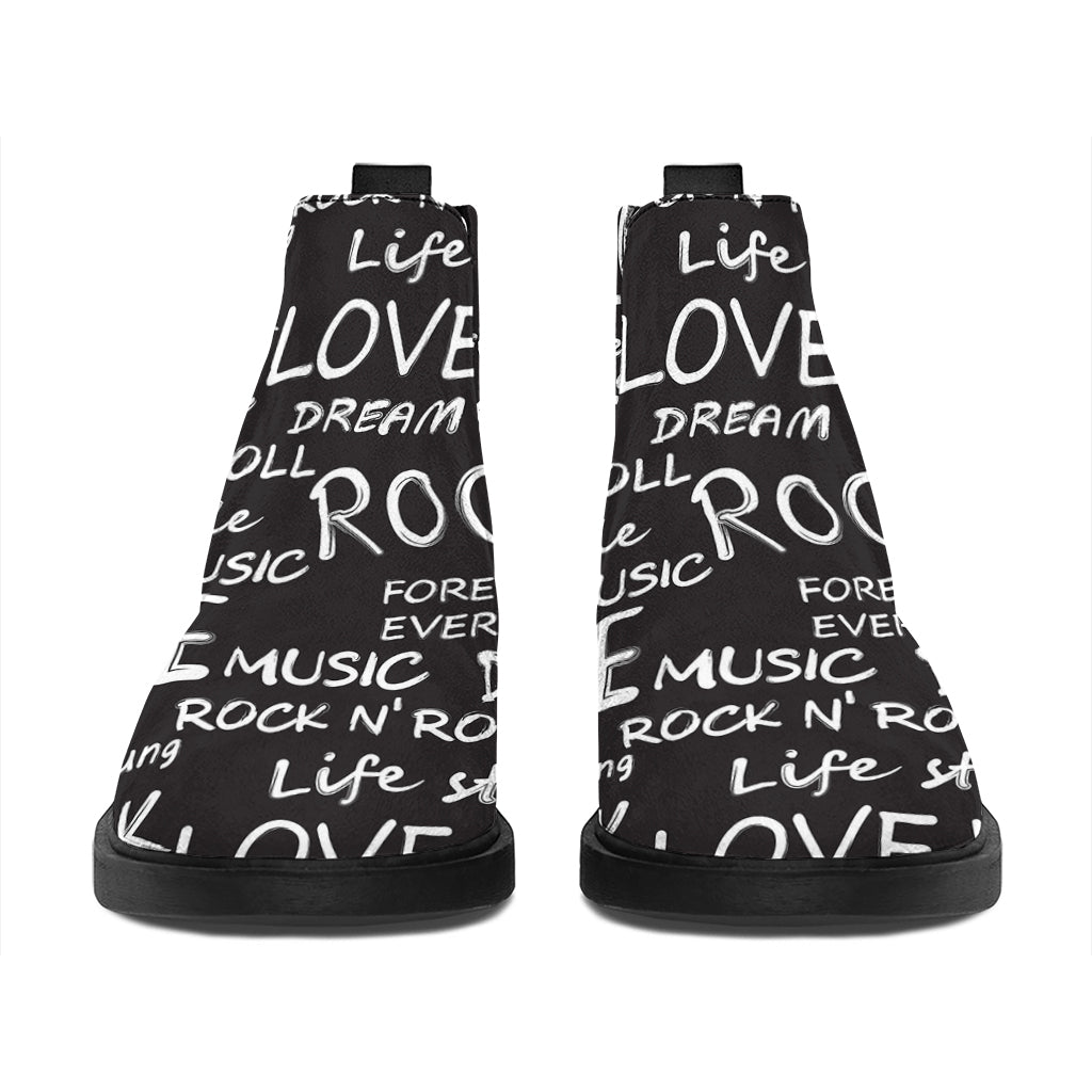 Black And White Rock And Roll Print Flat Ankle Boots