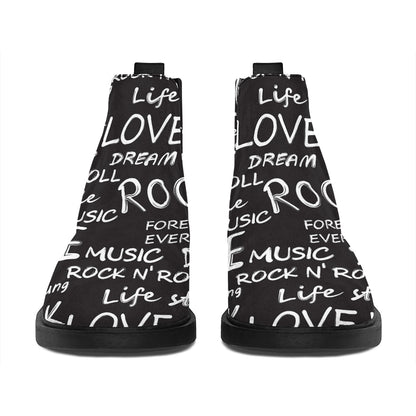 Black And White Rock And Roll Print Flat Ankle Boots