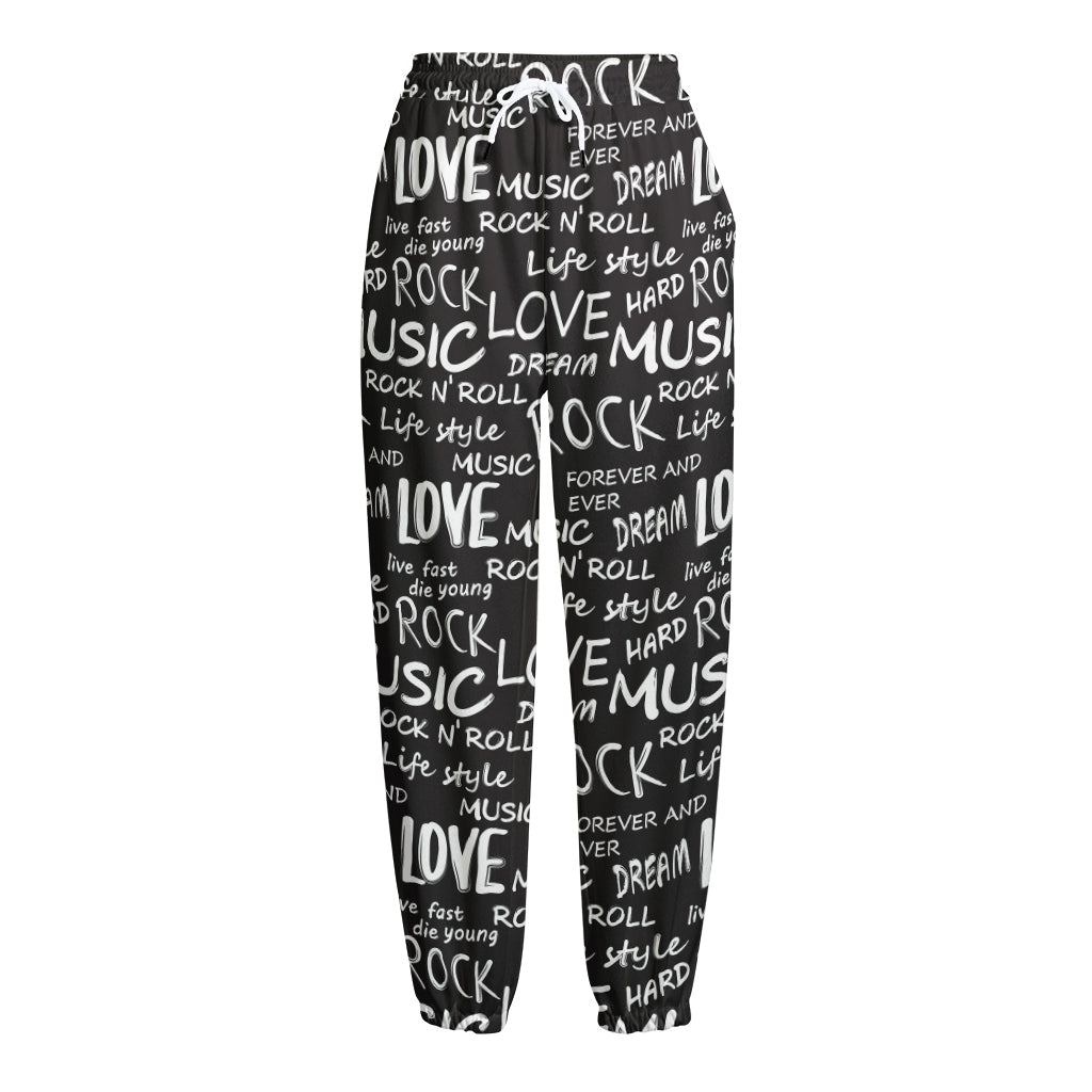 Black And White Rock And Roll Print Fleece Lined Knit Pants