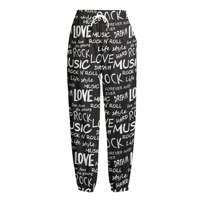Black And White Rock And Roll Print Fleece Lined Knit Pants