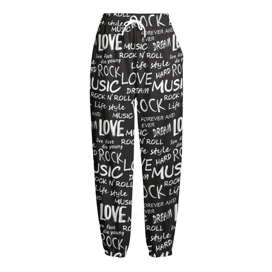 Black And White Rock And Roll Print Fleece Lined Knit Pants