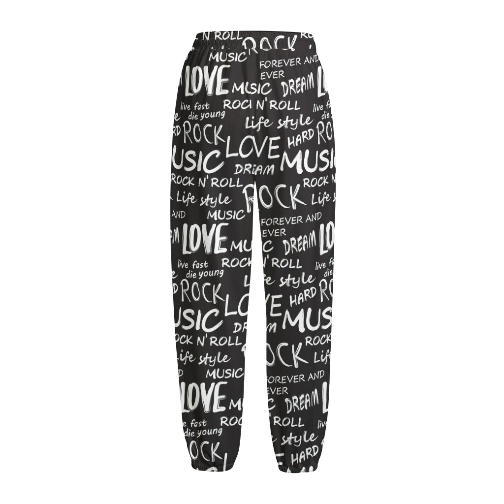 Black And White Rock And Roll Print Fleece Lined Knit Pants