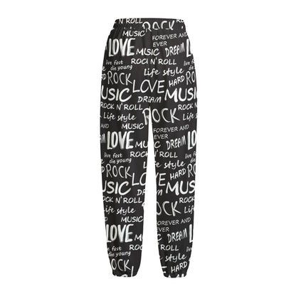 Black And White Rock And Roll Print Fleece Lined Knit Pants