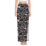 Black And White Rock And Roll Print High Slit Maxi Skirt
