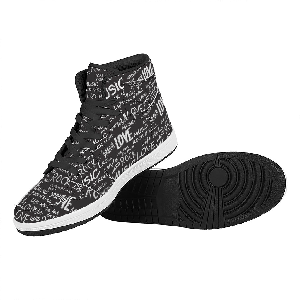 Black And White Rock And Roll Print High Top Leather Sneakers