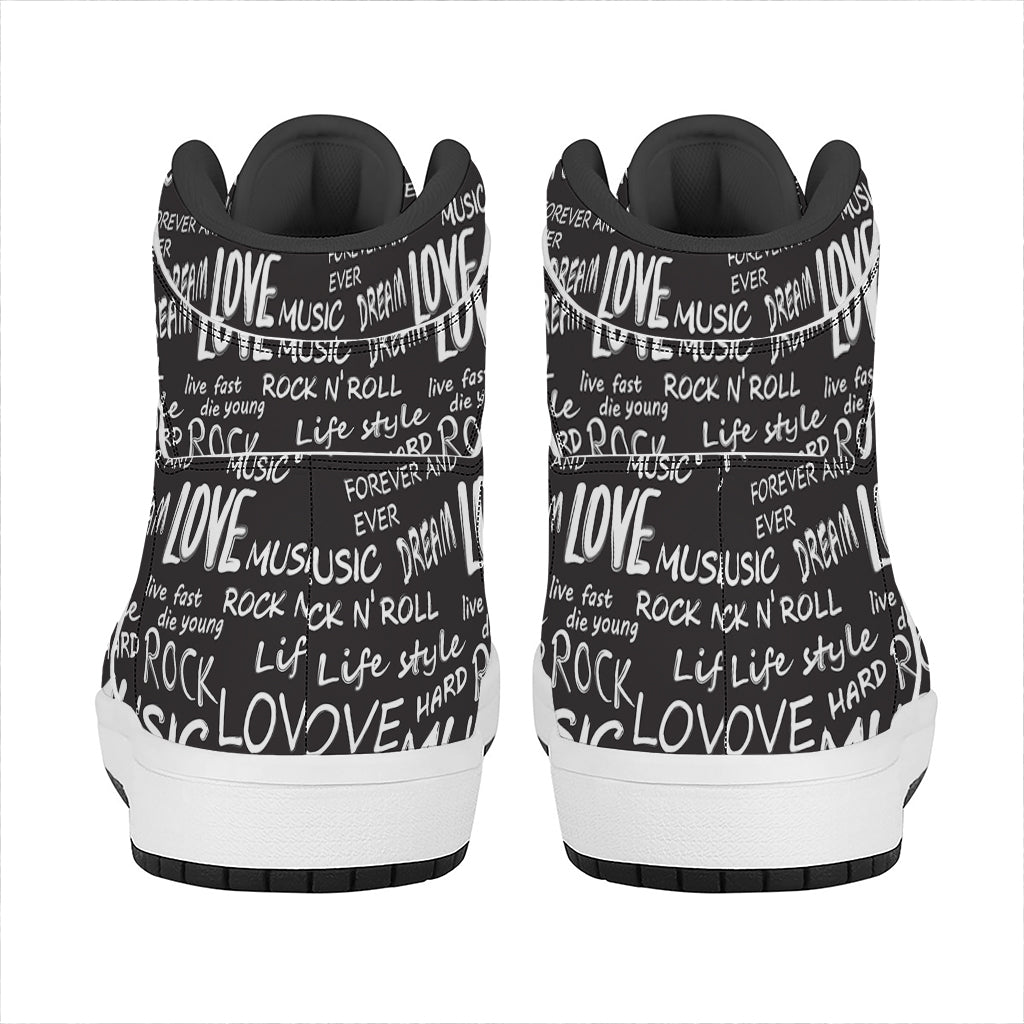 Black And White Rock And Roll Print High Top Leather Sneakers