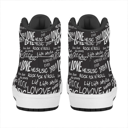 Black And White Rock And Roll Print High Top Leather Sneakers