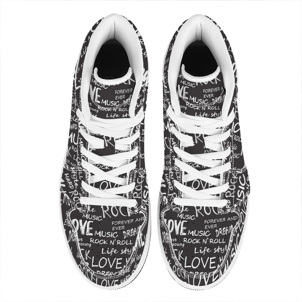 Black And White Rock And Roll Print High Top Leather Sneakers