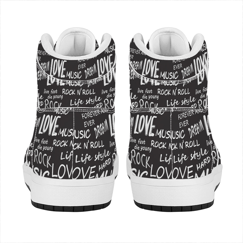 Black And White Rock And Roll Print High Top Leather Sneakers