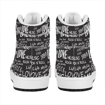 Black And White Rock And Roll Print High Top Leather Sneakers