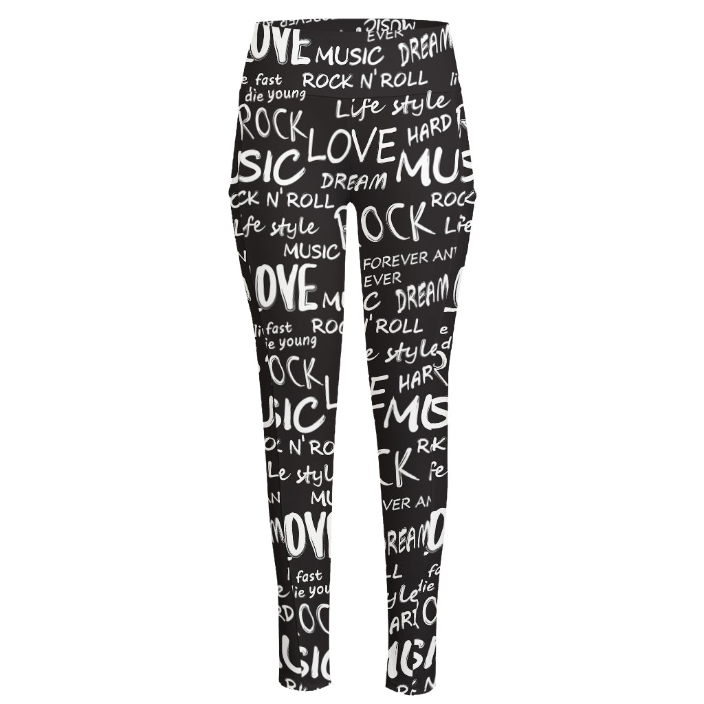 Black And White Rock And Roll Print High-Waisted Pocket Leggings