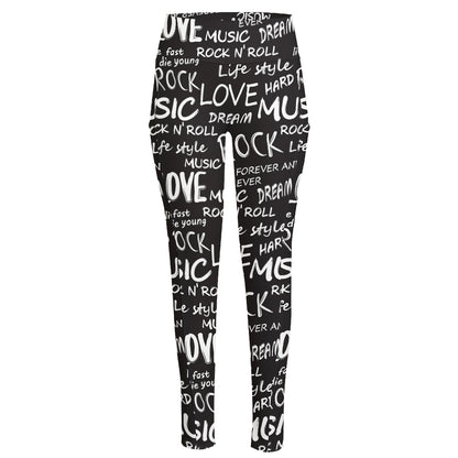 Black And White Rock And Roll Print High-Waisted Pocket Leggings