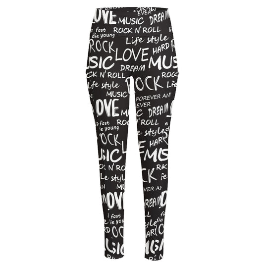 Black And White Rock And Roll Print High-Waisted Pocket Leggings