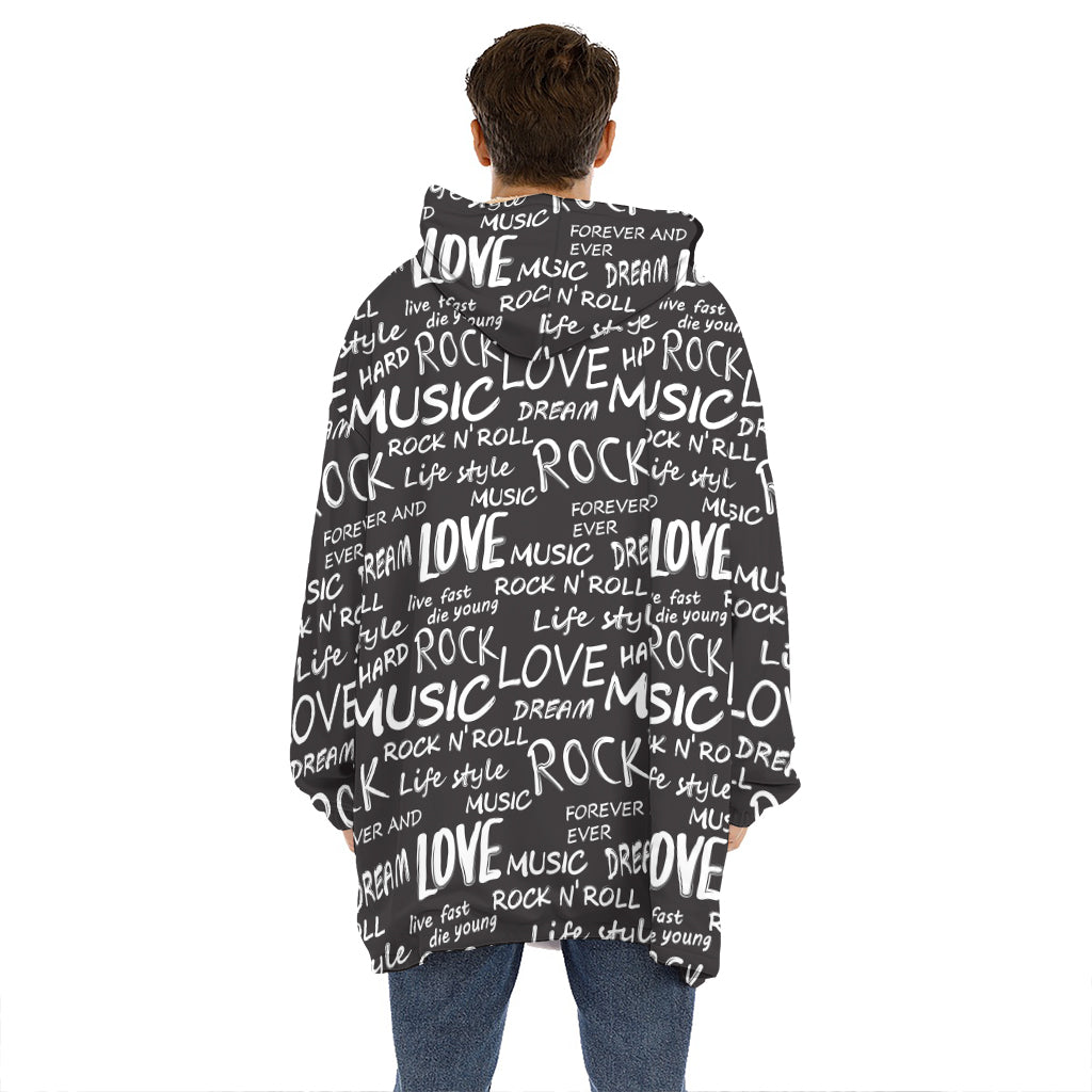 Black And White Rock And Roll Print Hoodie Blanket
