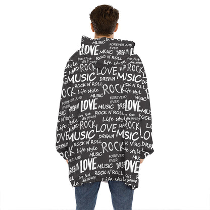 Black And White Rock And Roll Print Hoodie Blanket