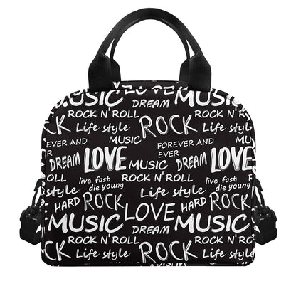 Black And White Rock And Roll Print Insulated Lunch Bag