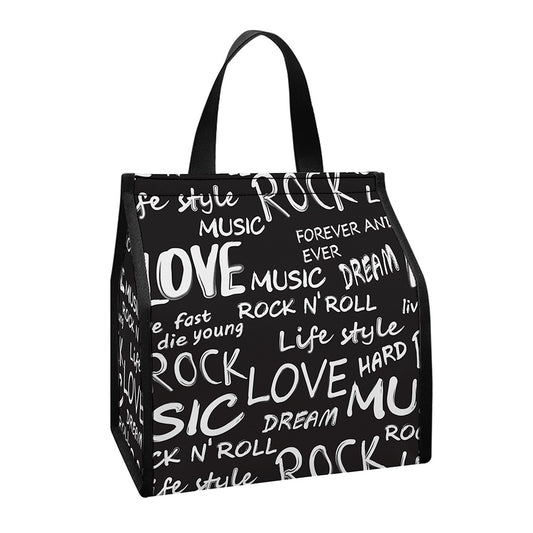 Black And White Rock And Roll Print Insulated Lunch Tote