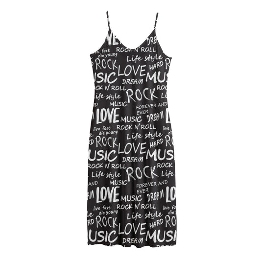 Black And White Rock And Roll Print Jersey Midi Cami Dress