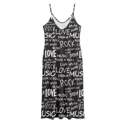 Black And White Rock And Roll Print Jersey Midi Cami Dress