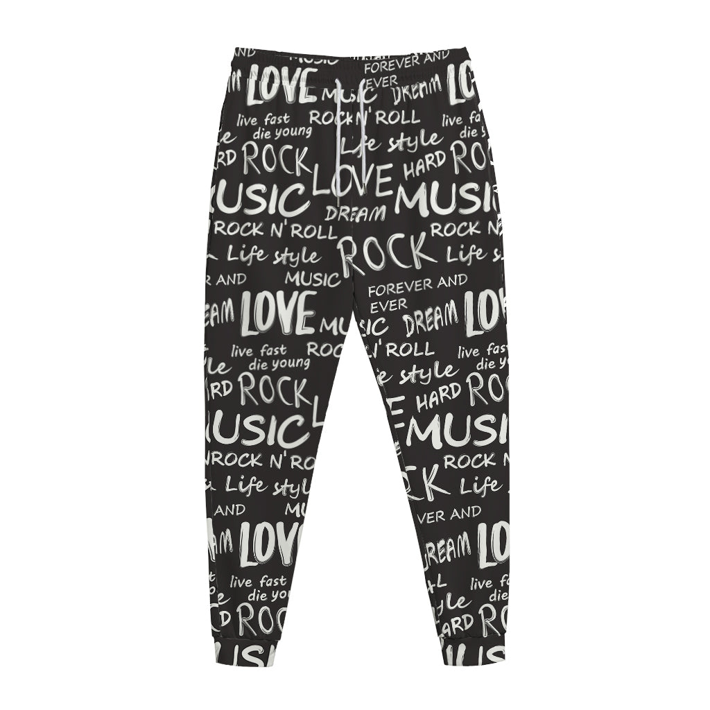 Black And White Rock And Roll Print Jogger Pants