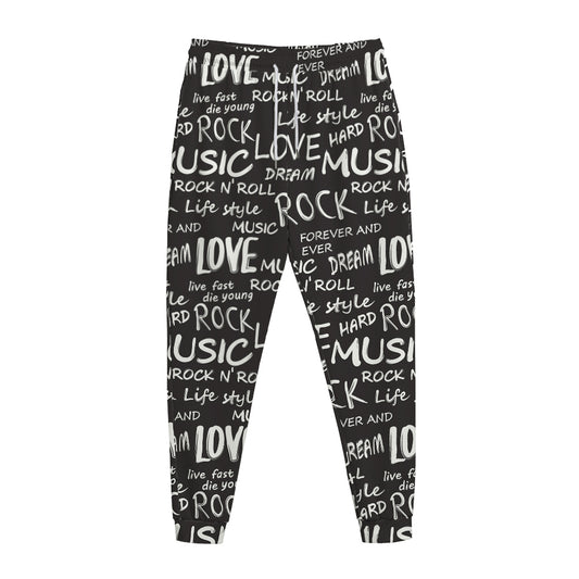 Black And White Rock And Roll Print Jogger Pants