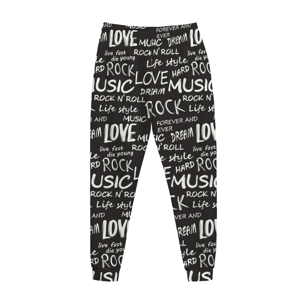 Black And White Rock And Roll Print Jogger Pants