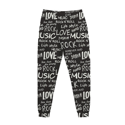 Black And White Rock And Roll Print Jogger Pants